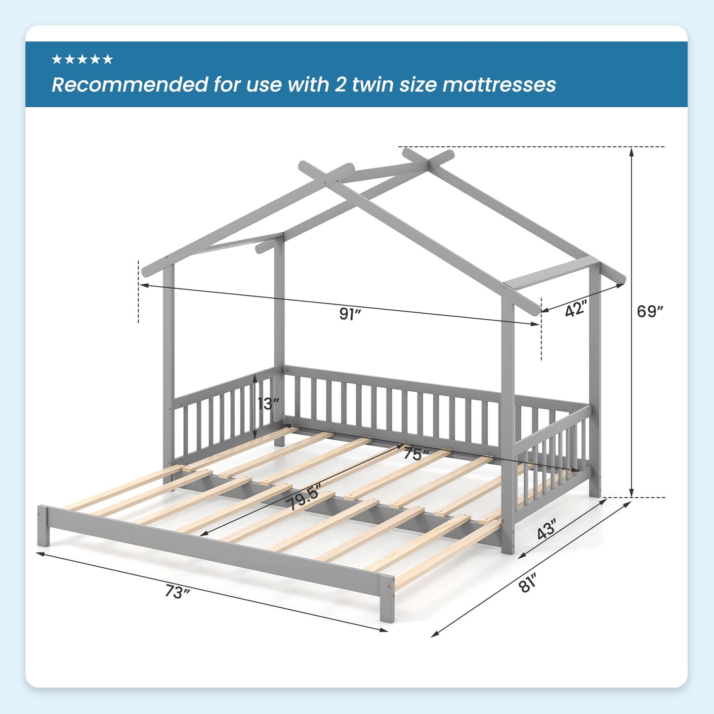 Cama Casita Extensible de Día Individual a King con Techo y Barandillas de Valla - Gris
