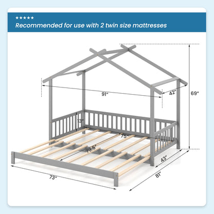 Cama Casita Extensible de Día Individual a King con Techo y Barandillas de Valla - Gris