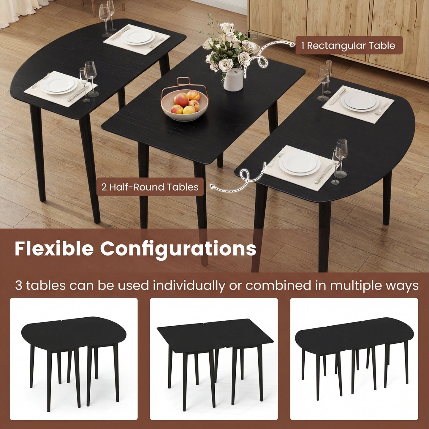 Extendable Oval Dining Table Set with 2 Half-Round Tables for 4-6 People