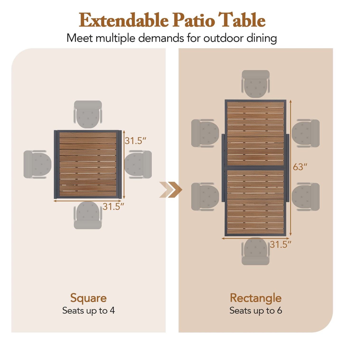 Mesa de Patio Extensible de 31.5-63 Pulgadas para 4-6 Personas - Natural