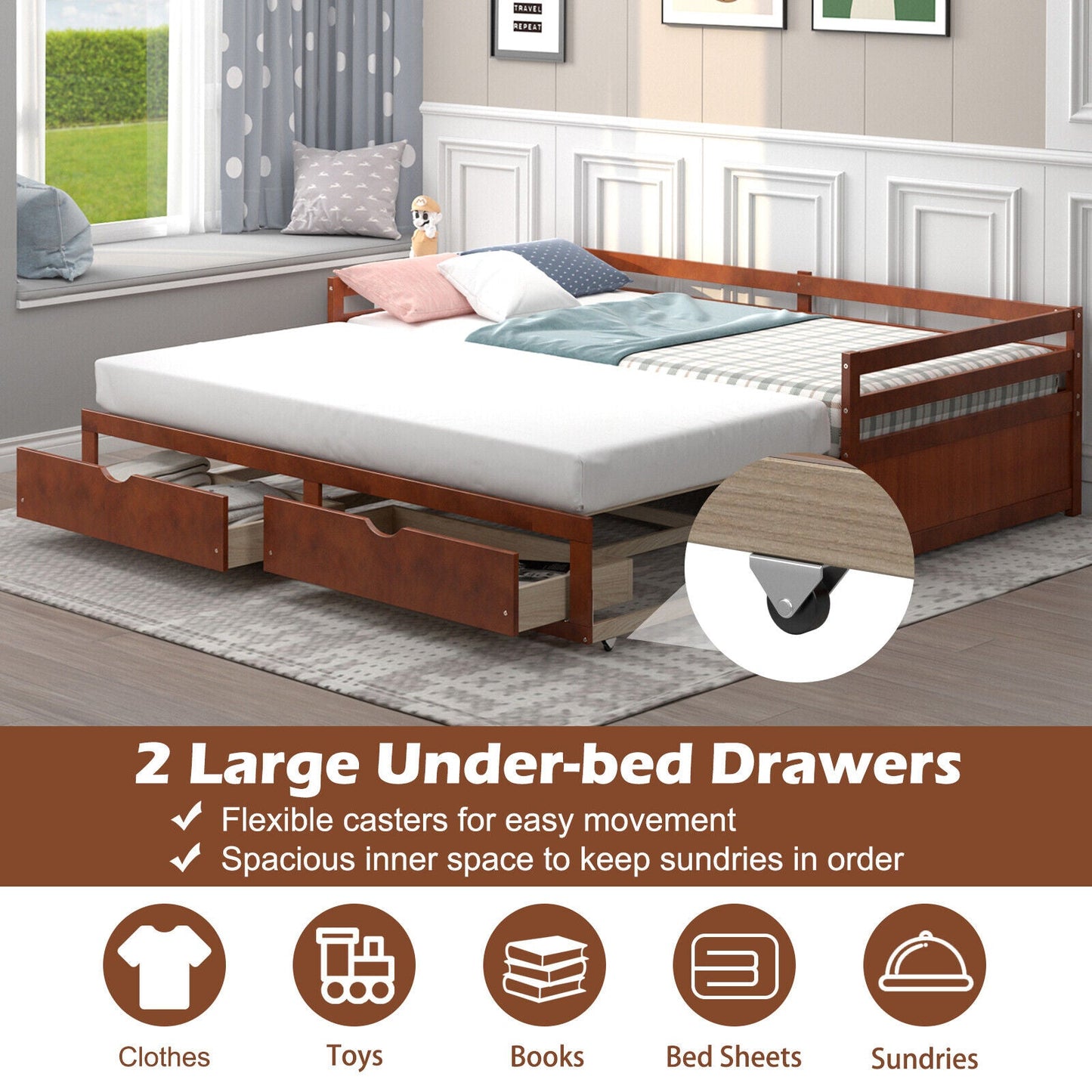 Sofá cama doble/king extensible con cama nido y 2 cajones de almacenamiento