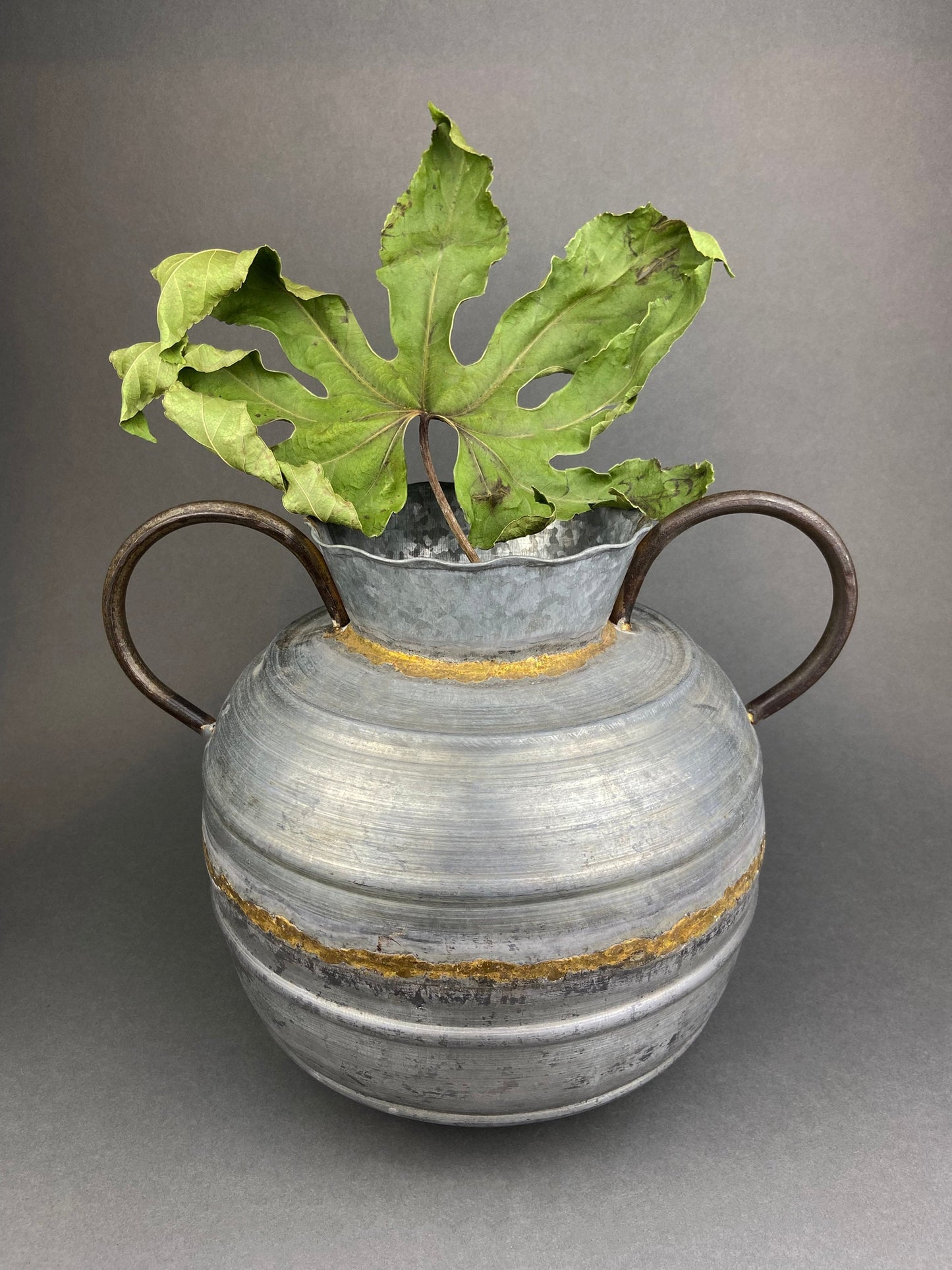 Extra Large Metal Vase with Bronze Handles and Gold Seam. Rustic Container for Flowers, Dry Arrangements or Display. Rustic Home Decor. - Tampa Home & Garden Store