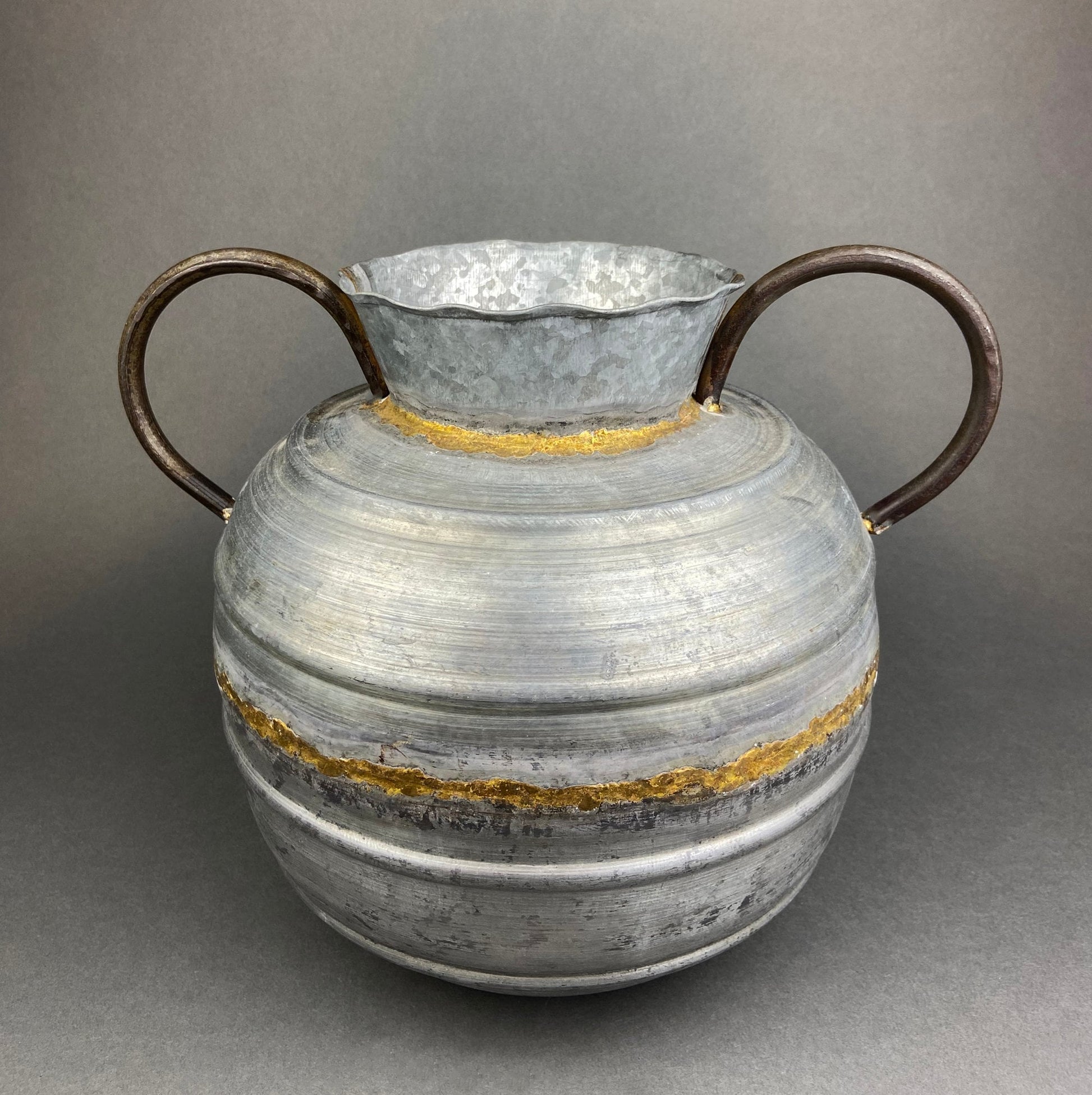 Extra Large Metal Vase with Bronze Handles and Gold Seam. Rustic Container for Flowers, Dry Arrangements or Display. Rustic Home Decor. - Tampa Home & Garden Store