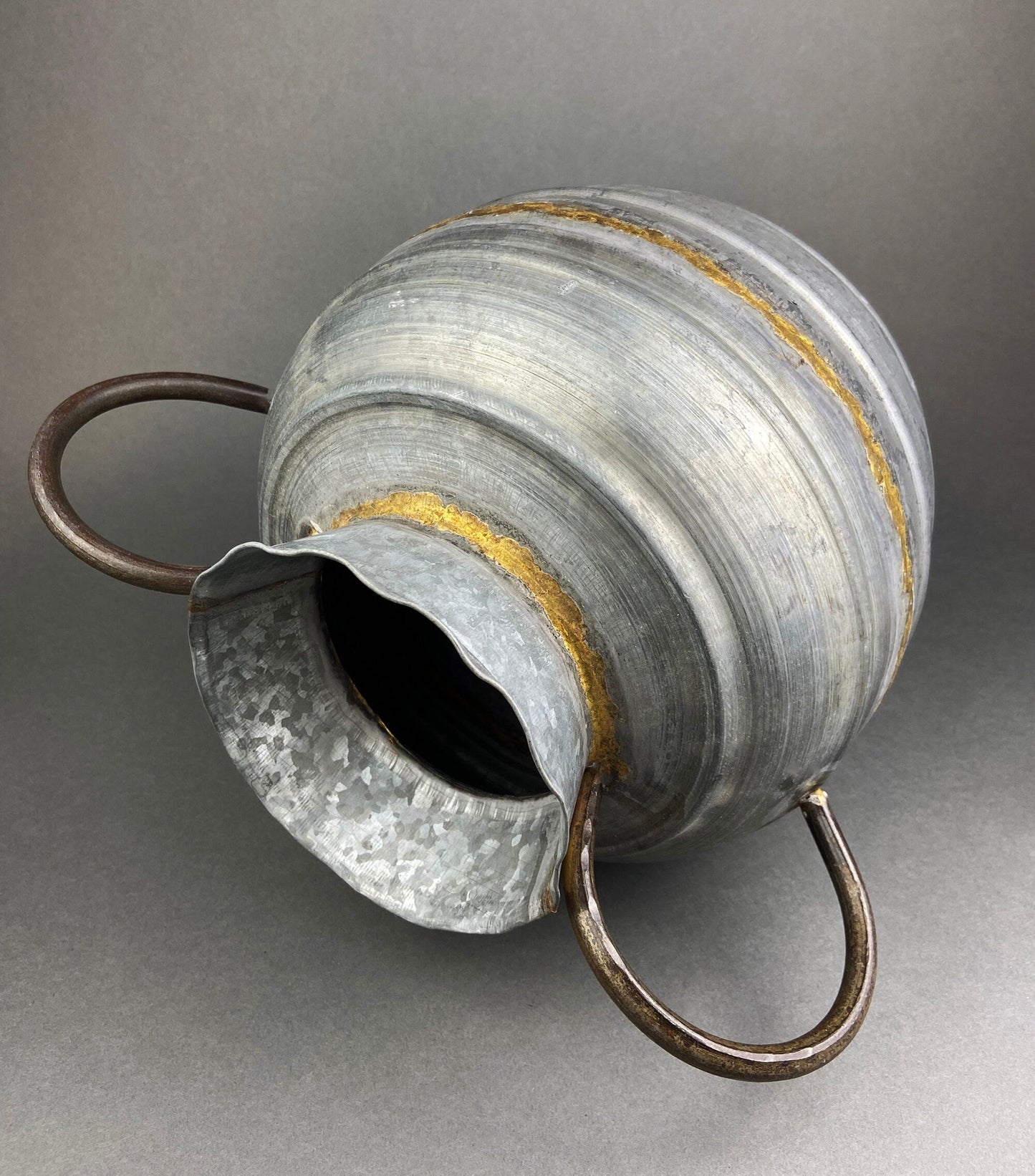 Extra Large Metal Vase with Bronze Handles and Gold Seam. Rustic Container for Flowers, Dry Arrangements or Display. Rustic Home Decor. - Tampa Home & Garden Store