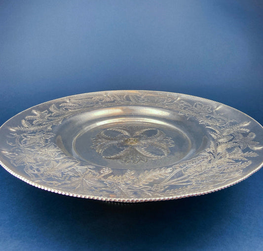 Extra Large Metal Vintage Lazy Susan.  Aluminum by Gailstyn. Hand-Engraved Floral and Leaf Pattern. Silver Colored, Footed Serving Bowl/Dish - Tampa Home & Garden Store