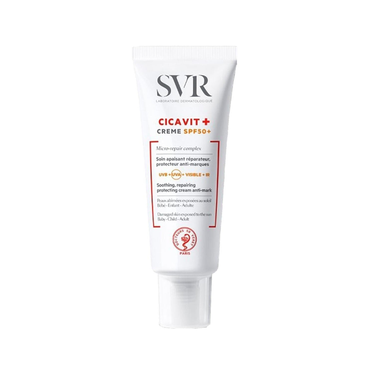 SVR Cicavit+ Creme SPF50+ 40ml facial cream tube white with red text, SVR dermatology brand on Tampa Home & Garden Store
