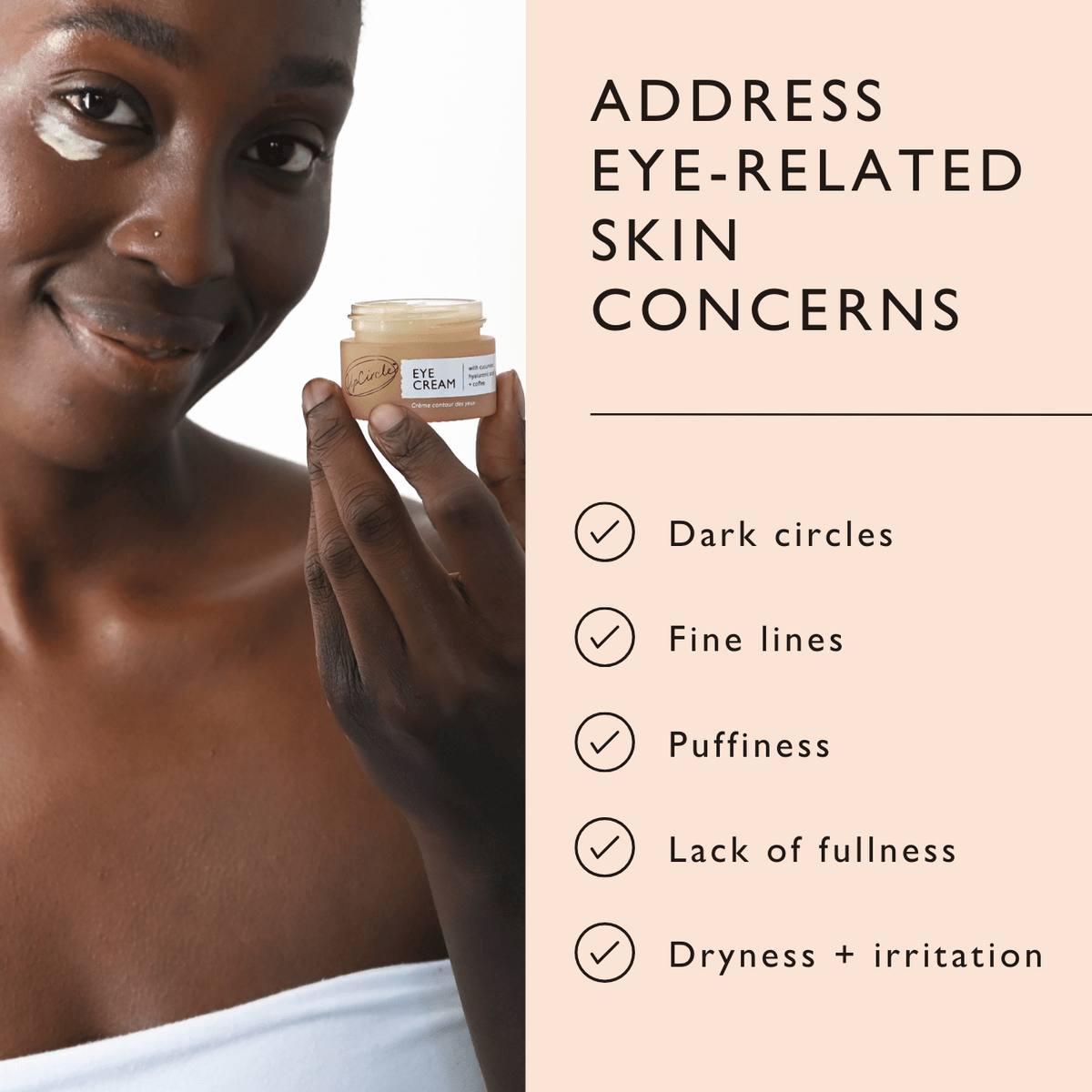 UpCircle Eye Cream with Hyaluronic Acid & Coffee in beige jar held by model on Tampa Home & Garden Store