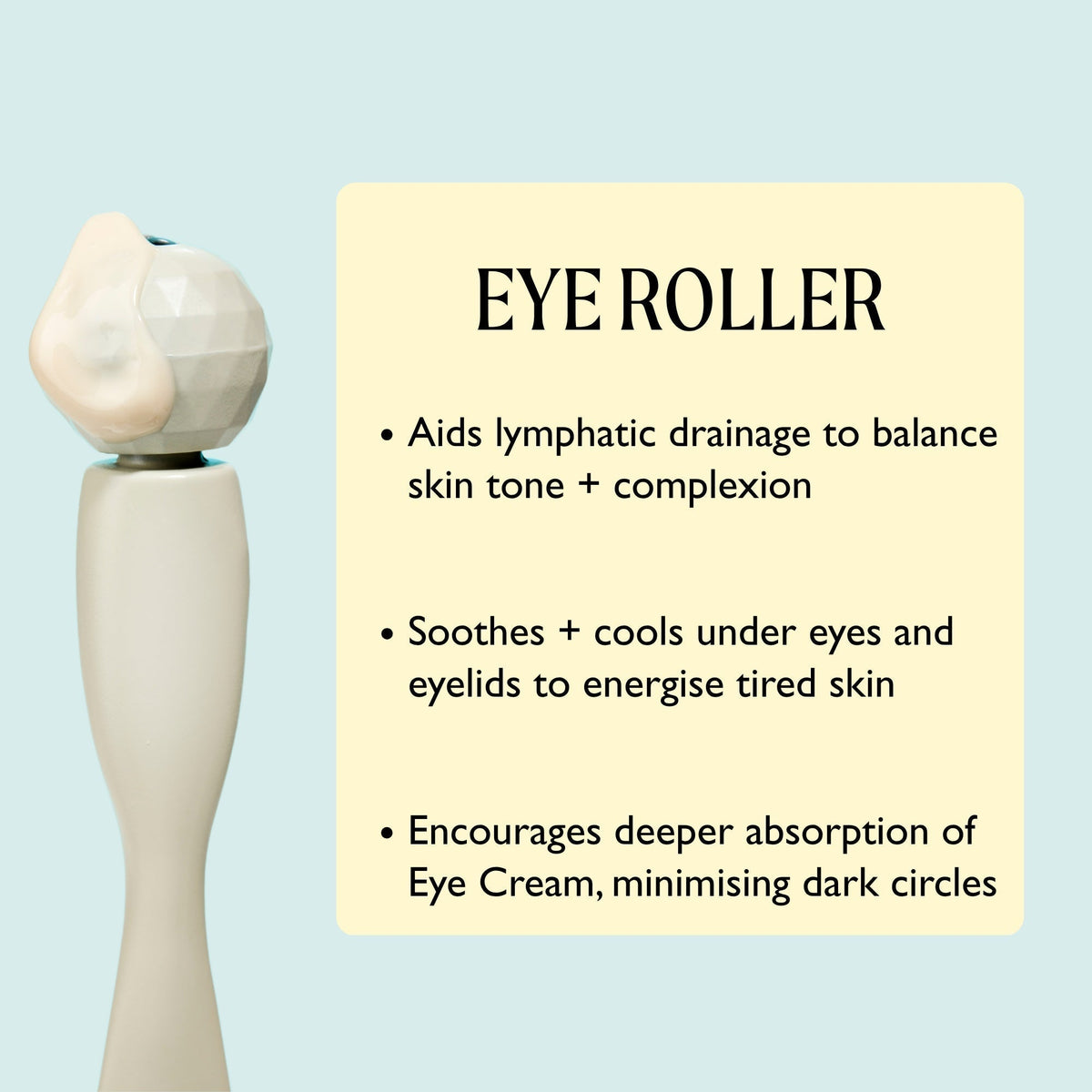 Eye roller bottle with a faceted cap beside a pale yellow panel labeled EYE ROLLER on Tampa Home & Garden Store