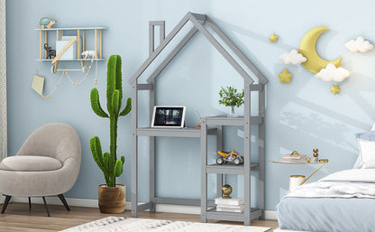 House-shaped Wooden writing Desk,Kids study Table,Bookshelf & Toy Storage,Grey - Tampa Home & Garden Store