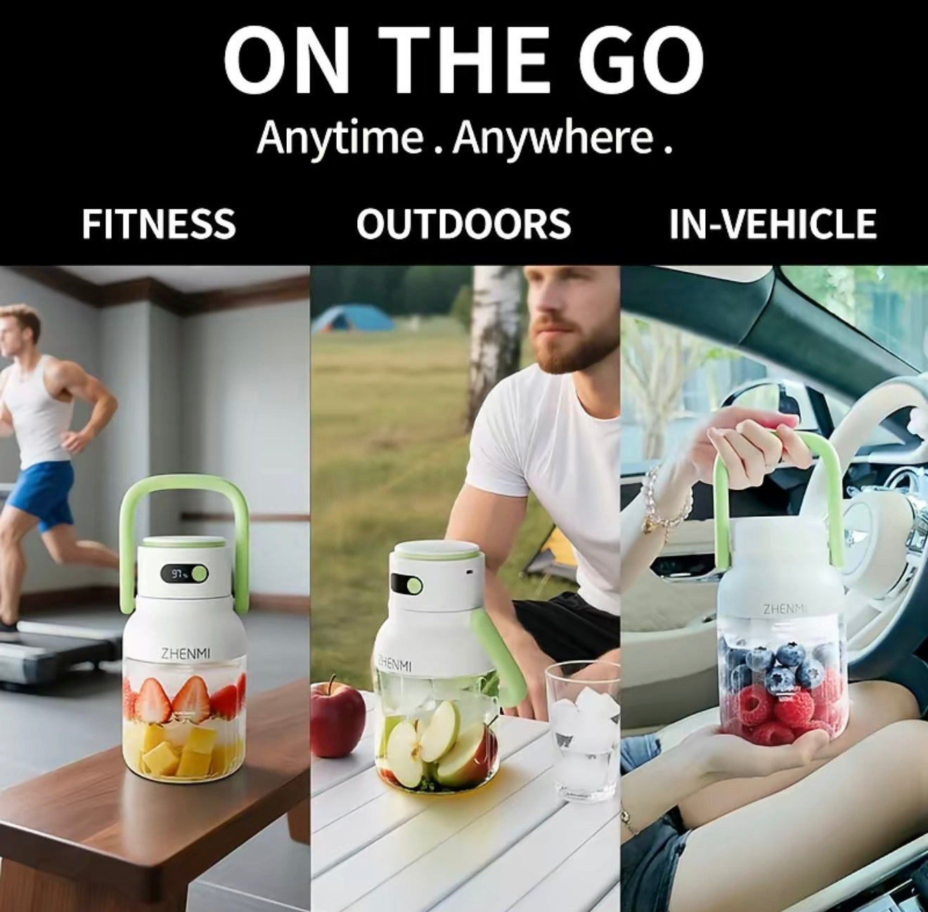 BlendGo Portable Blender white body with lime-green handle in a three-panel fruit collage on Tampa Home & Garden Store