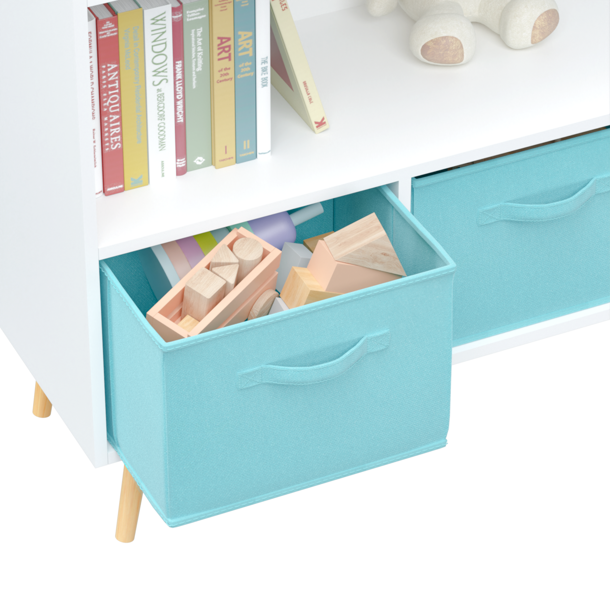 Kids bookcase with Collapsible Fabric Drawers Children's Book Display Toy Storage Cabinet Organizer White/Blue - Tampa Home & Garden Store