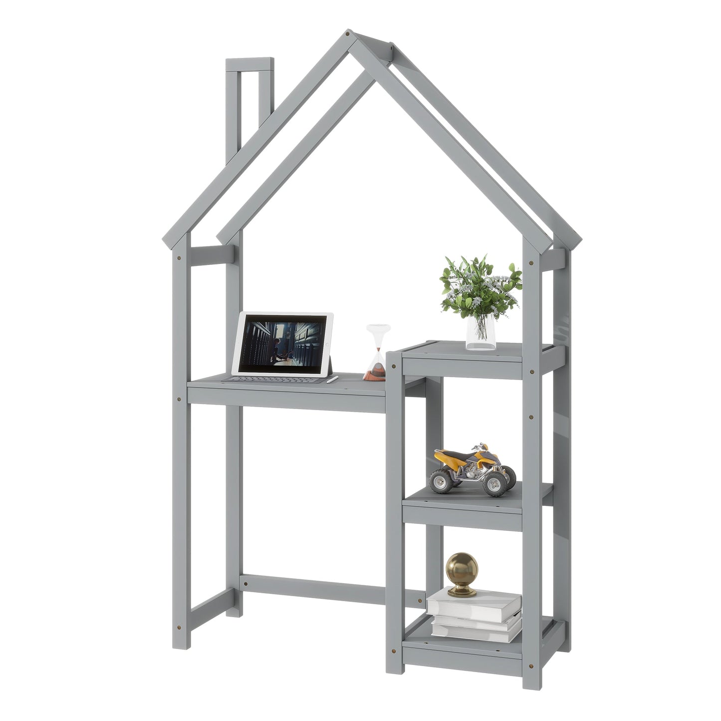 House-shaped Wooden writing Desk,Kids study Table,Bookshelf & Toy Storage,Grey - Tampa Home & Garden Store