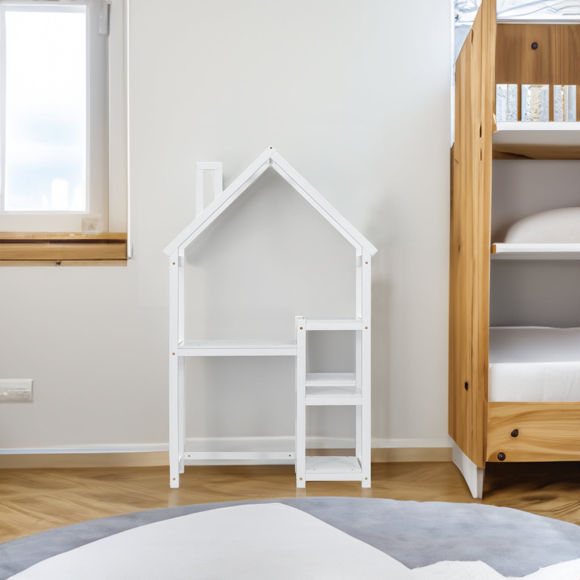 House-shaped Wooden writing Desk,Kids study Table,Bookshelf & Toy Storage,White - Tampa Home & Garden Store