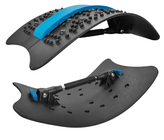 Freely Adjustable Back Stretch Massager two-piece curved board with blue strap and massage beads on Tampa Home & Garden Store