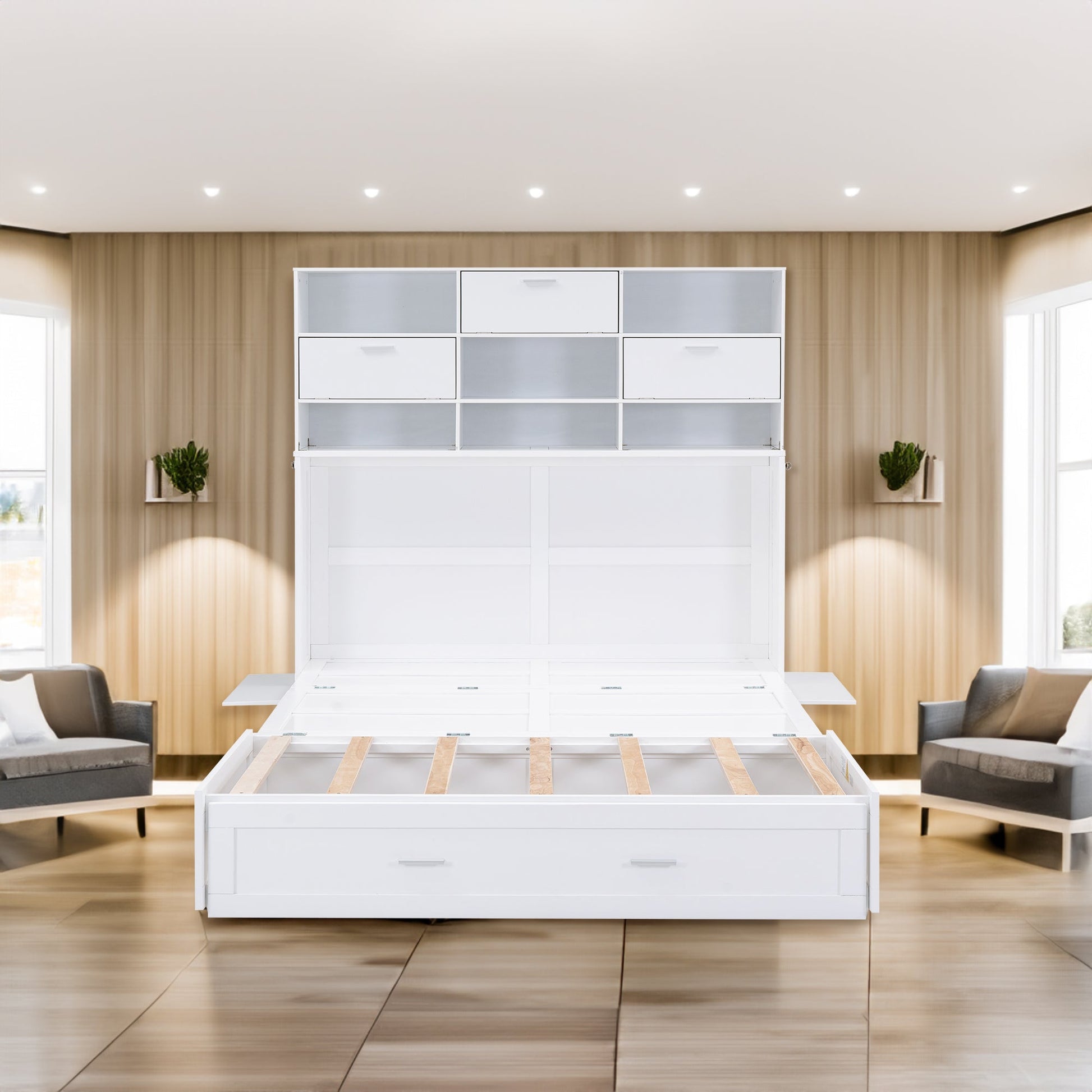 ueen Size Murphy Bed with Bookcase, Bedside Shelves and a Big Drawer, White - Tampa Home & Garden Store