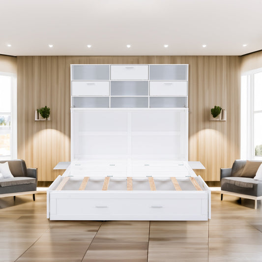 ueen Size Murphy Bed with Bookcase, Bedside Shelves and a Big Drawer, White - Tampa Home & Garden Store