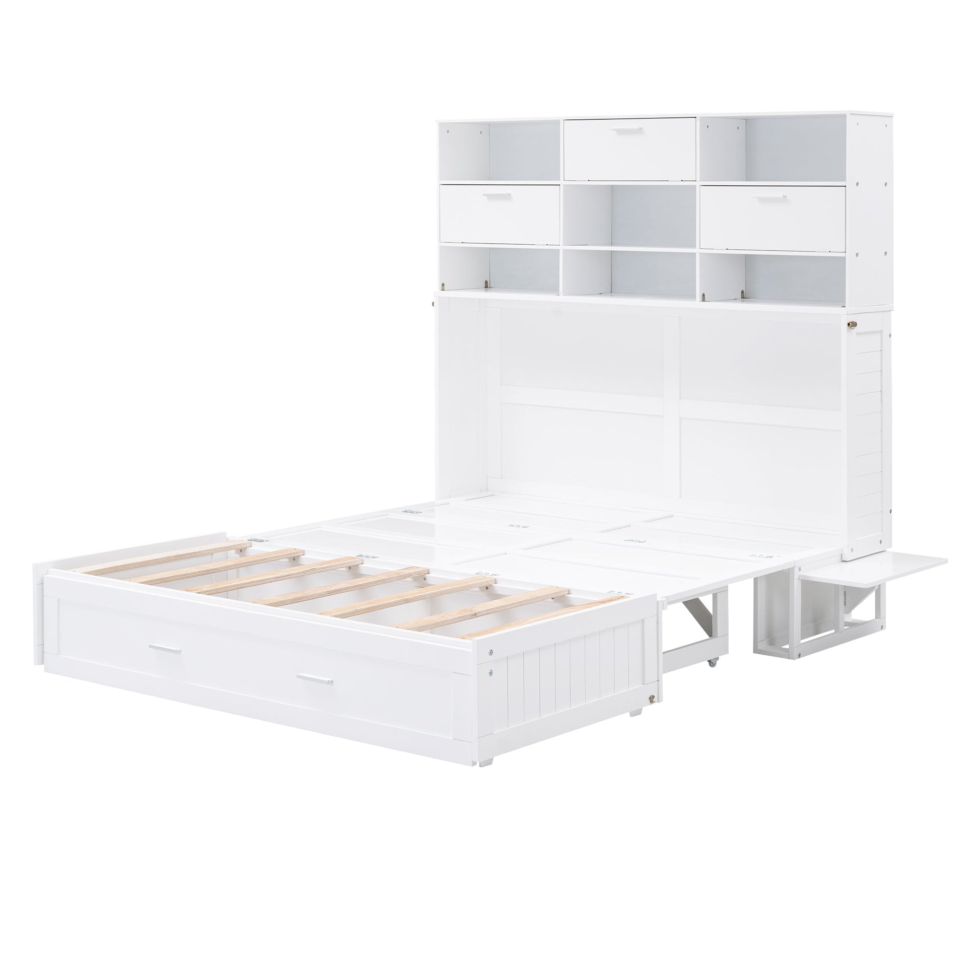 ueen Size Murphy Bed with Bookcase, Bedside Shelves and a Big Drawer, White - Tampa Home & Garden Store