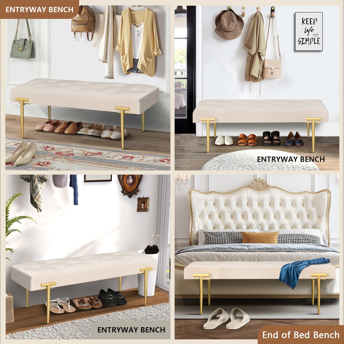 48'' Modern Ottoman Bench Velvet Bench Upholstered Footrest With Gold Metal Legs And Padded Seat For Bedroom Living Room