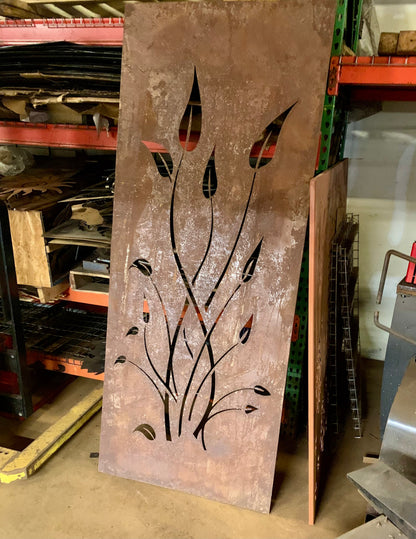 Leaf-cutout privacy panel in rusty brown, heavy-duty steel 24x60/24x72 on Tampa Home & Garden Store
