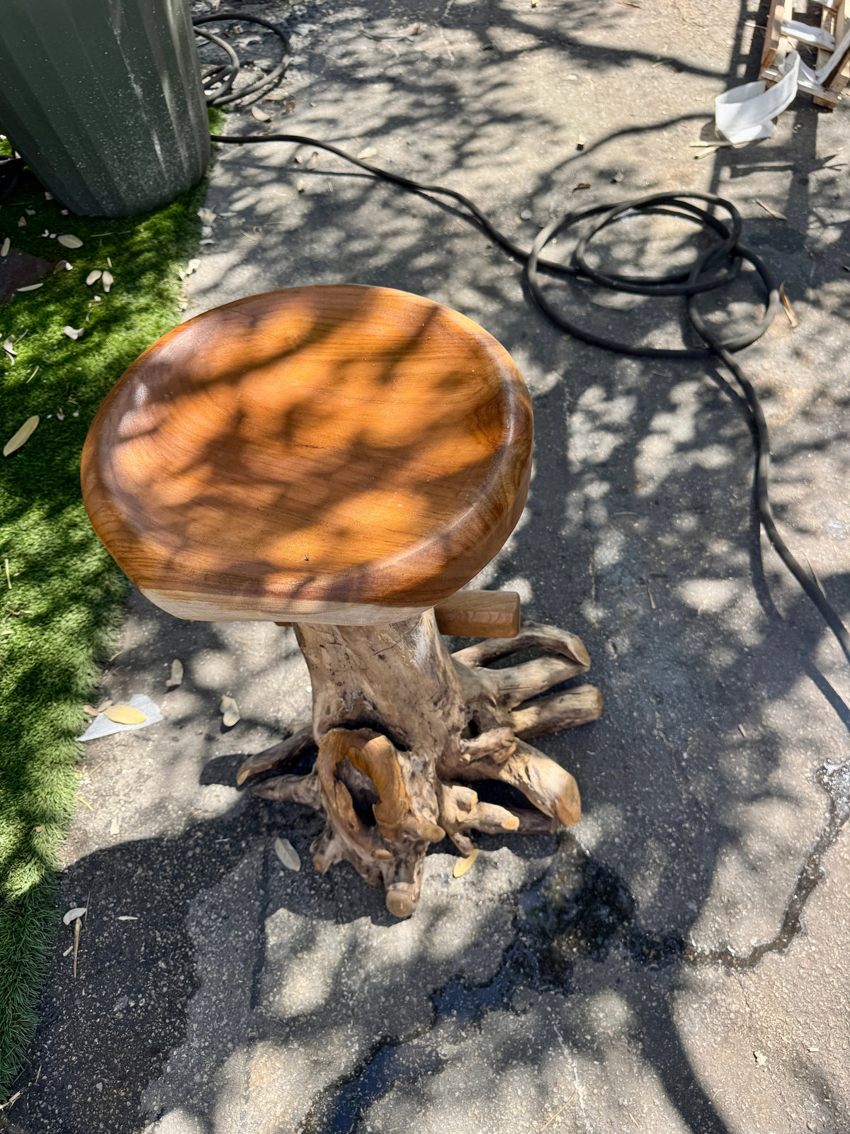 Teak Root Round Seat Barstool XL natural teak wood with carved root base on Tampa Home & Garden Store