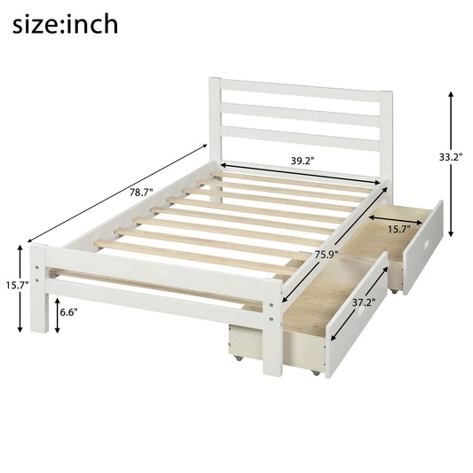 Twin white pine wood platform bed with two under-bed drawers and slatted frame on Tampa Home & Garden Store
