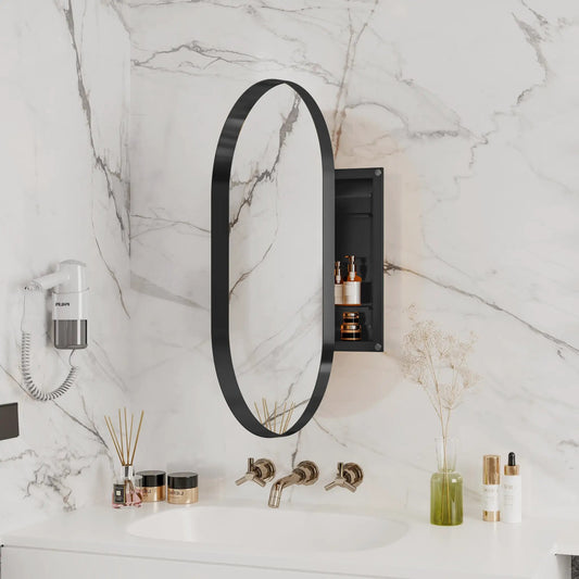 Medicine cabinet 20x34 inch matte black beside round mirror on marble wall on Tampa Home & Garden Store