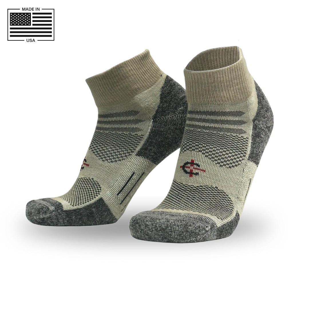Outdoor X-Trainer socks pair in tan olive knit with reinforced heel toe by Covert Threads on Tampa Home & Garden Store