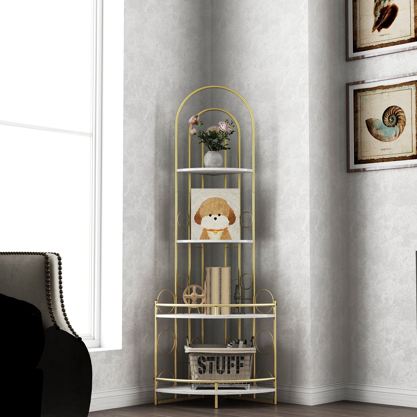Gold 4-Tier Corner Bookshelf, Modern Style, Plant Stand with Metal Frame - Tampa Home & Garden Store