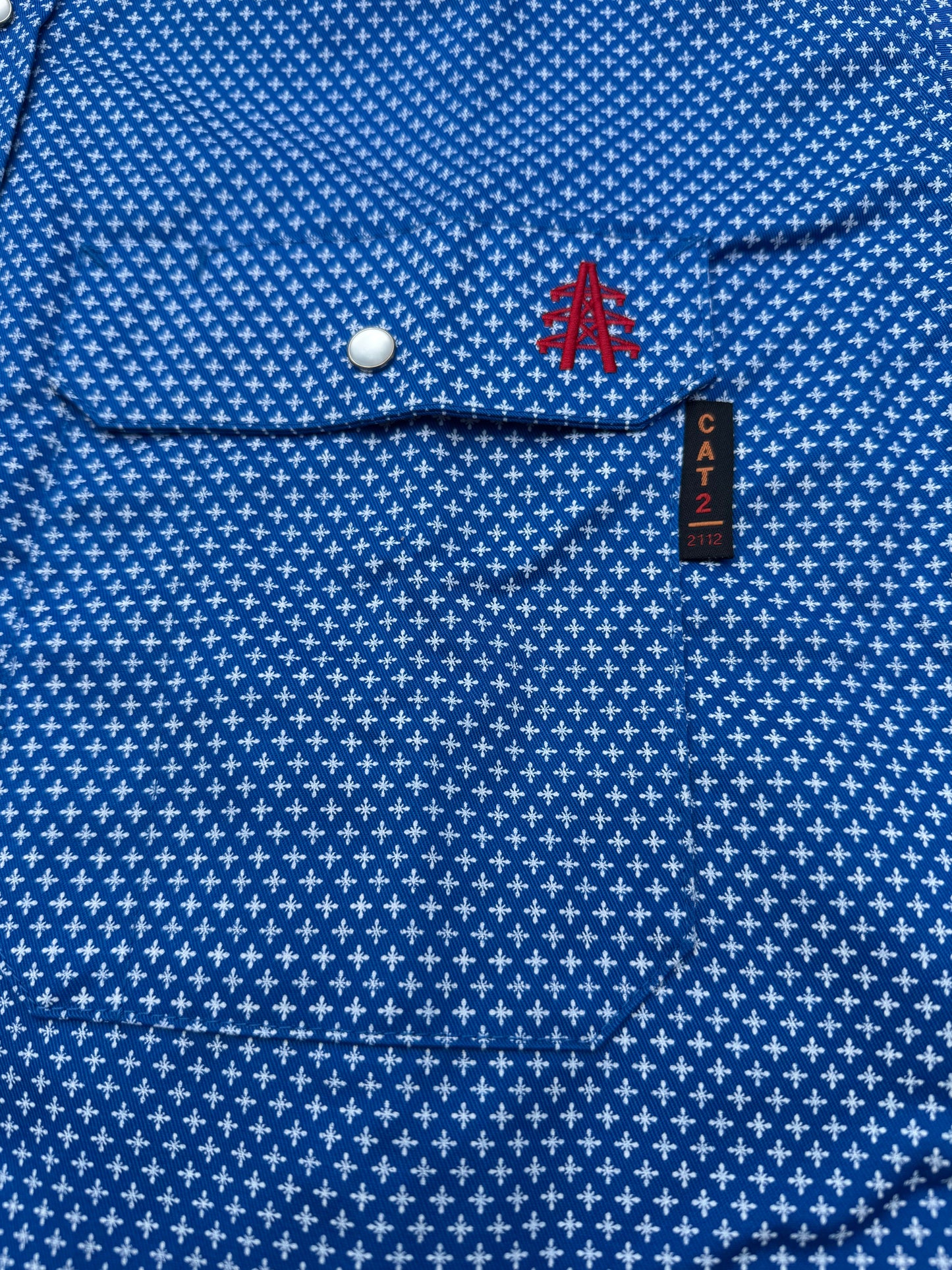FR Pearl Snap Work Shirt royal blue, white microprint, metal snap buttons, red embroidery on Tampa Home & Garden Store