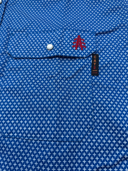 FR Pearl Snap Work Shirt royal blue, white microprint, metal snap buttons, red embroidery on Tampa Home & Garden Store
