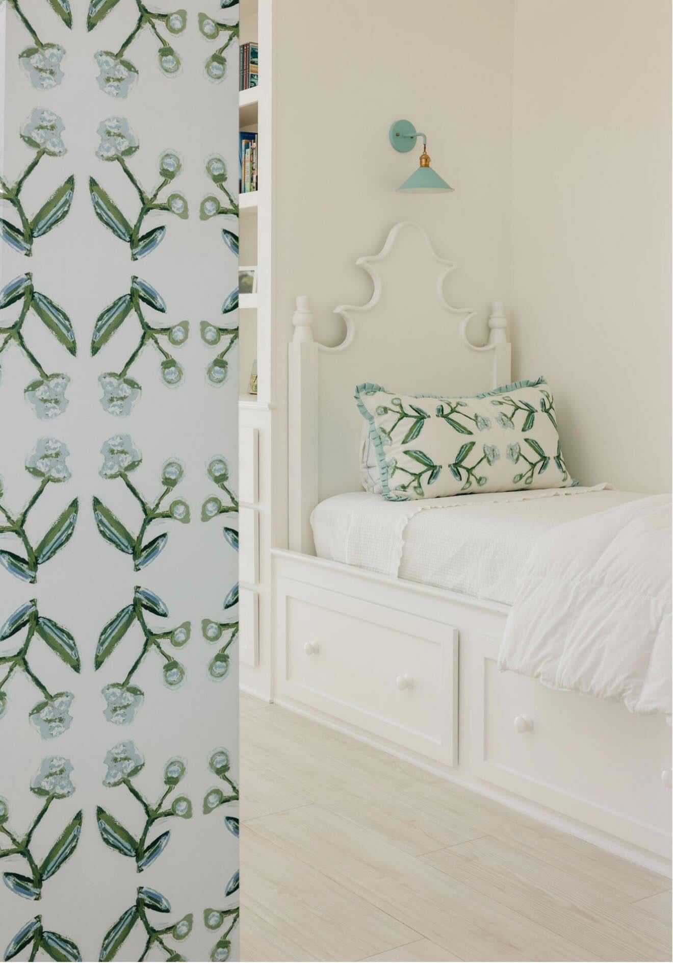 Antonia Wallpaper blue & green repeat pattern by Erin Donahue Tice in a white bedroom on Tampa Home & Garden Store