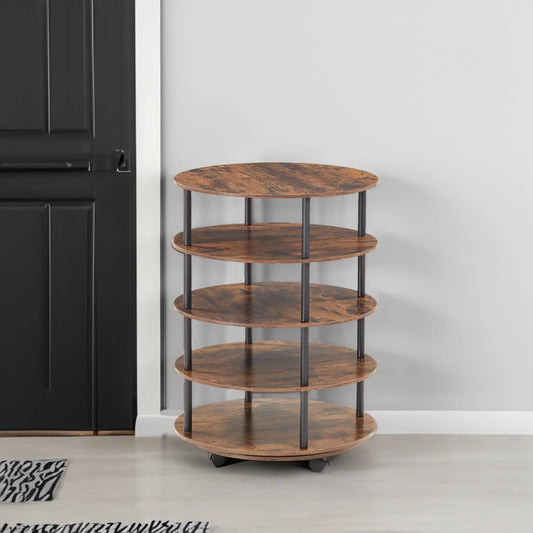Four-tier revolving shoe rack with wood shelves and black metal frame on casters on Tampa Home & Garden Store
