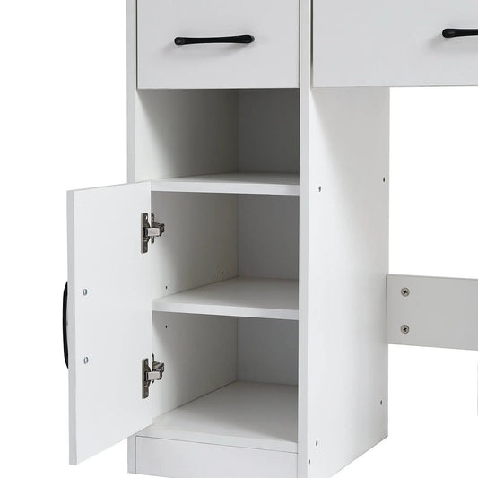 Vanity desk set white finish with black drawer handles and open storage cabinets on Tampa Home & Garden Store