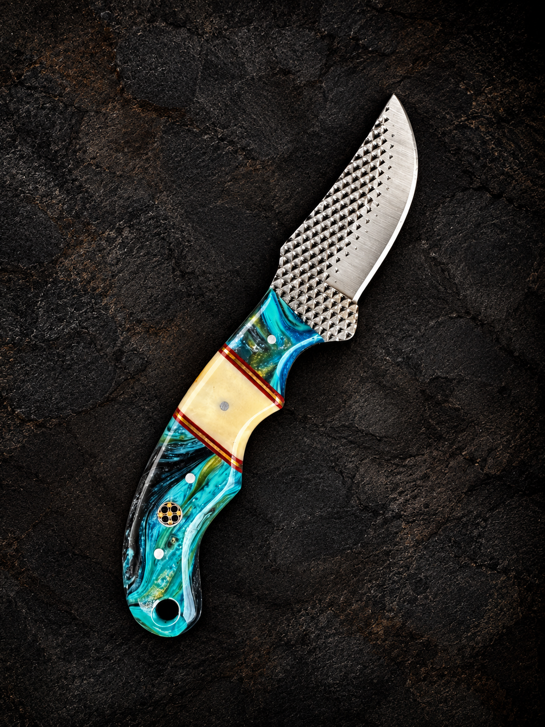 Titan Lagoon Swirl resin skinner with teal handle and high carbon RASP blade on Tampa Home & Garden Store