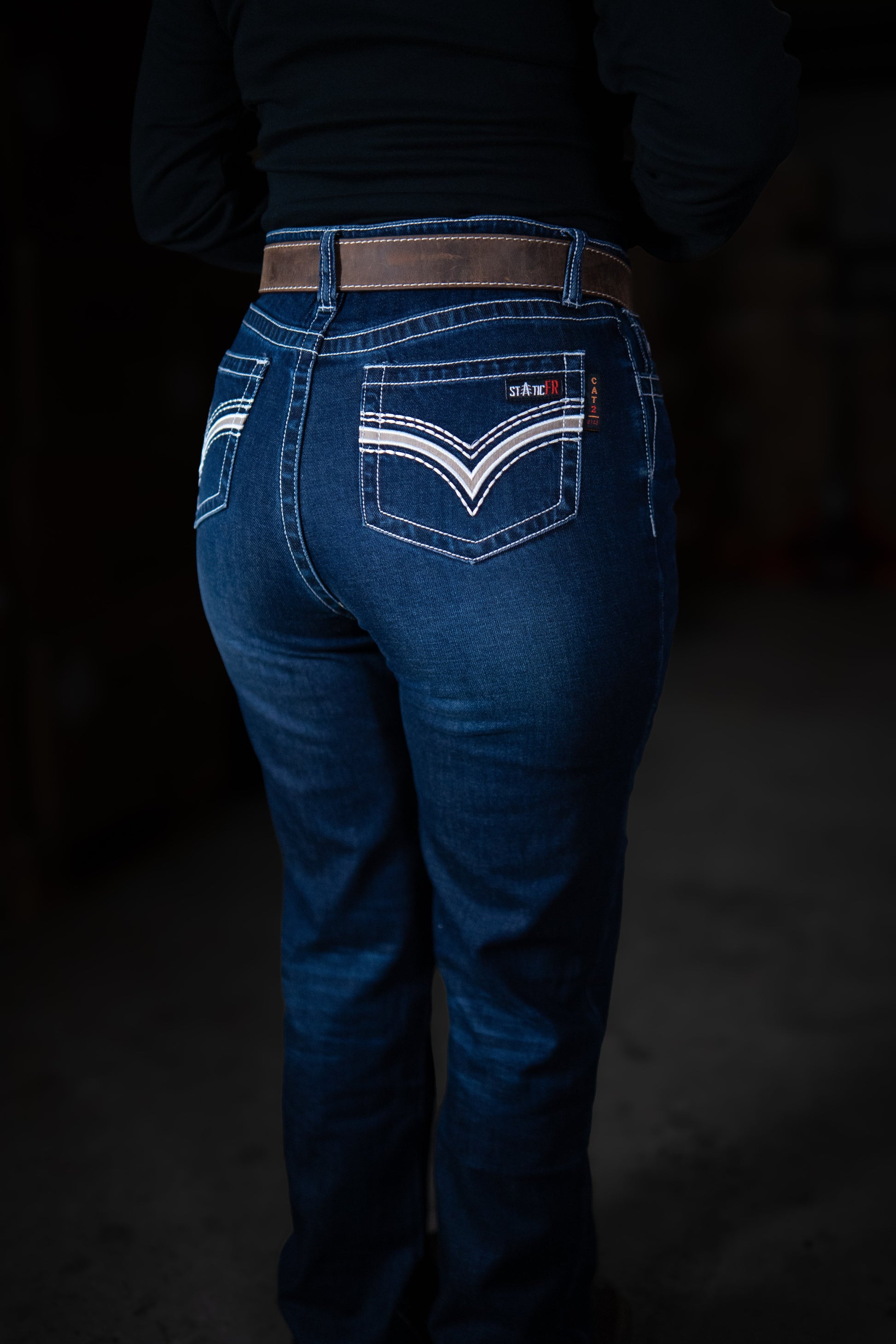 Women’s FR high waisted jeans Static FR blue denim with back pocket stitching, work pants on Tampa Home & Garden Store