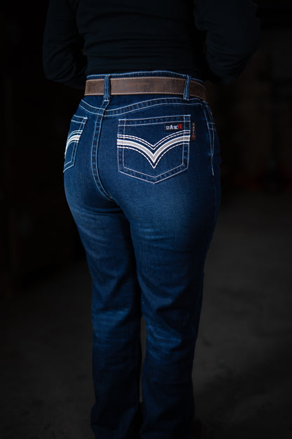 Women’s FR high waisted jeans Static FR blue denim with back pocket stitching, work pants on Tampa Home & Garden Store