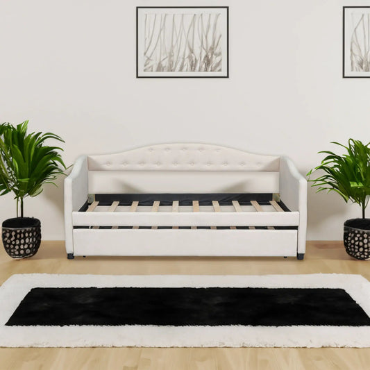 Upholstered twin daybed with trundle in beige, tufted backrest on Tampa Home & Garden Store