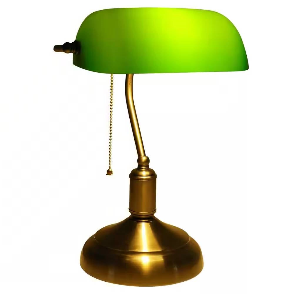 Lámpara de escritorio tipo banquero de latón envejecido, lámpara de mesa con pantalla de cristal verde