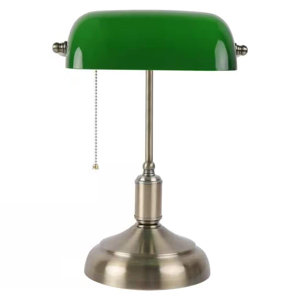 Lámpara de escritorio tipo banquero de latón envejecido, lámpara de mesa con pantalla de cristal verde