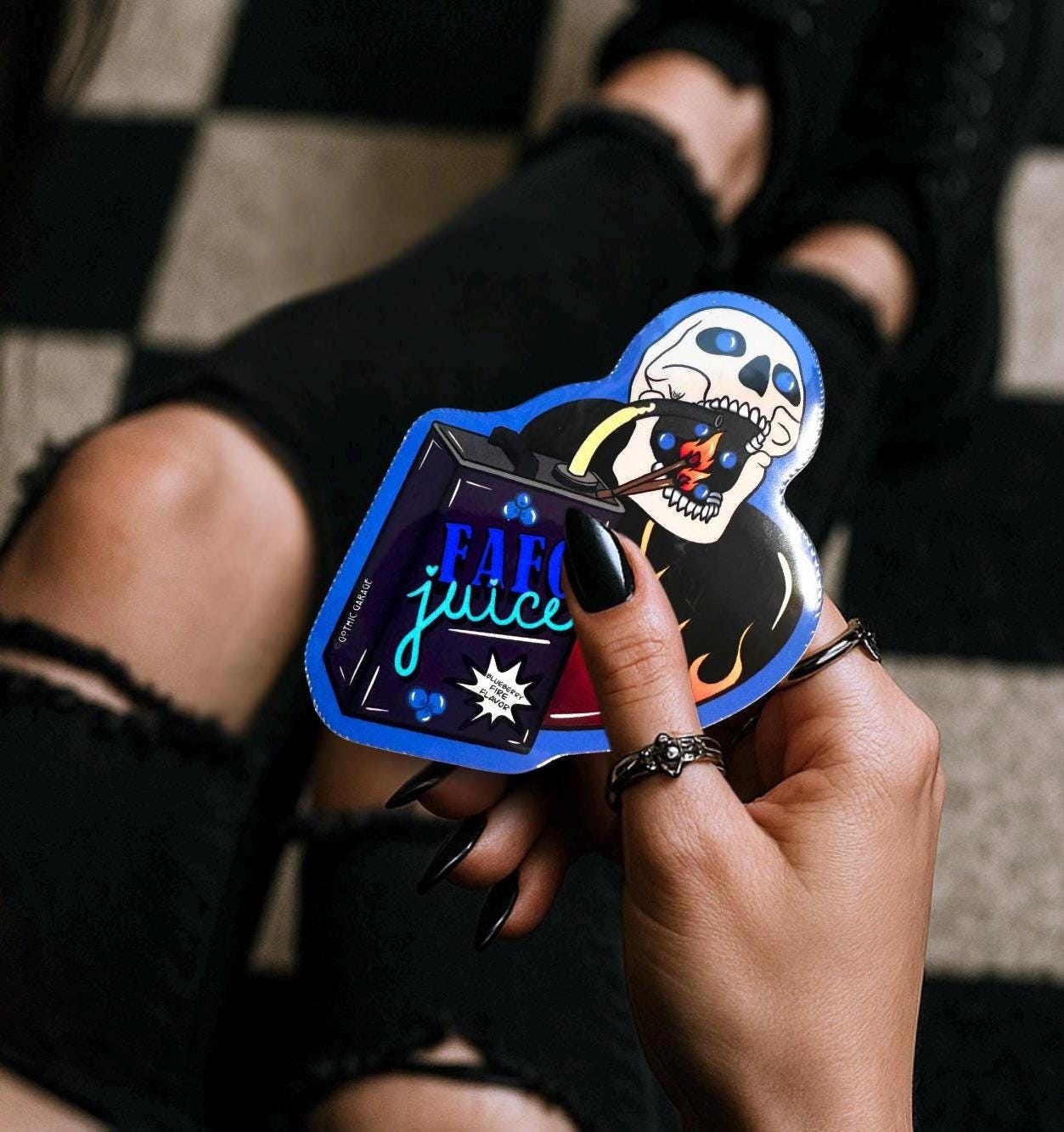 FAFO Juice Skull Sticker: Gothic Sarcasm, Waterproof Vinyl (Glossy or Holographic) - Tampa Home & Garden Store