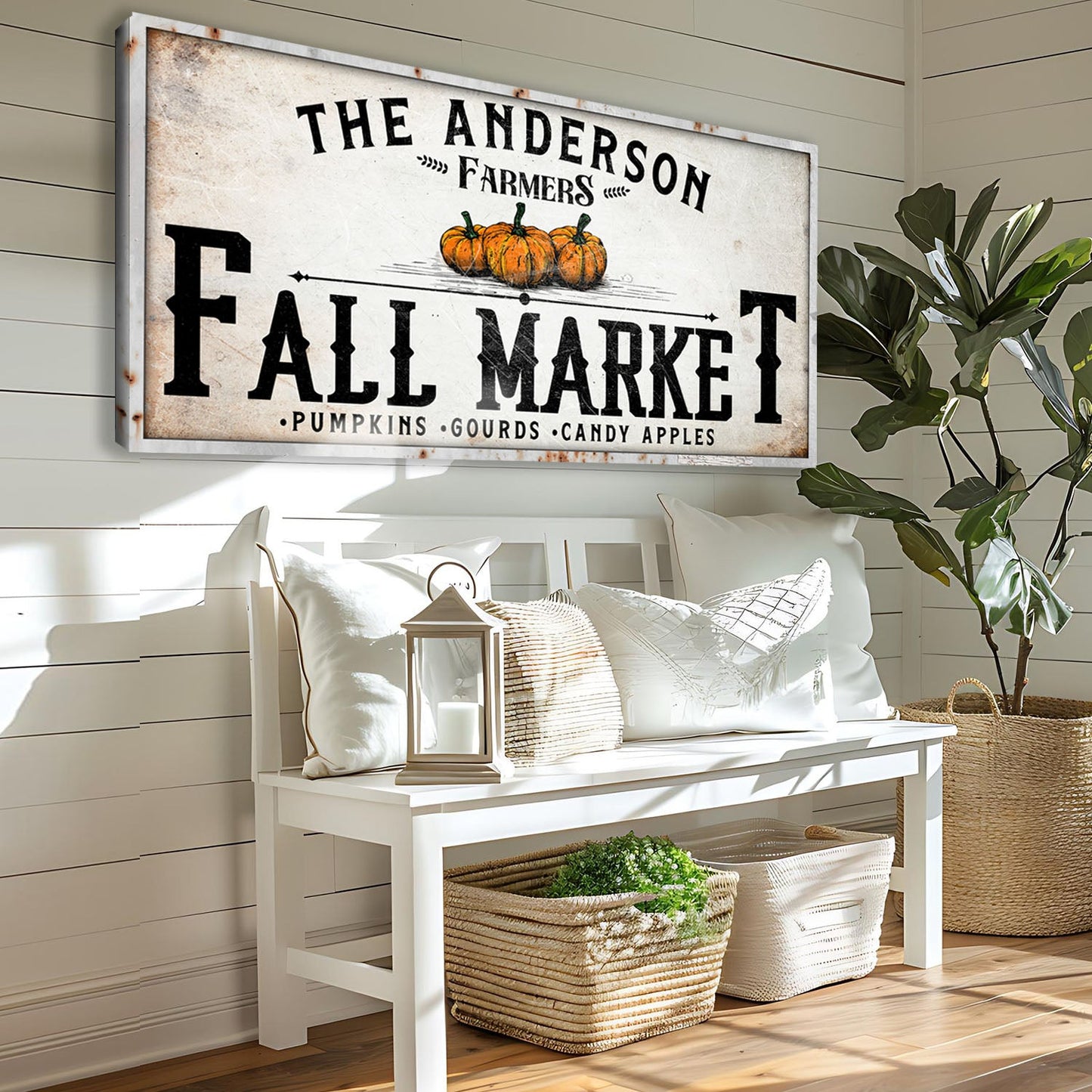 Farmers Fall Market Sign canvas by Tailored Canvases, rustic white with pumpkins on Tampa Home & Garden Store