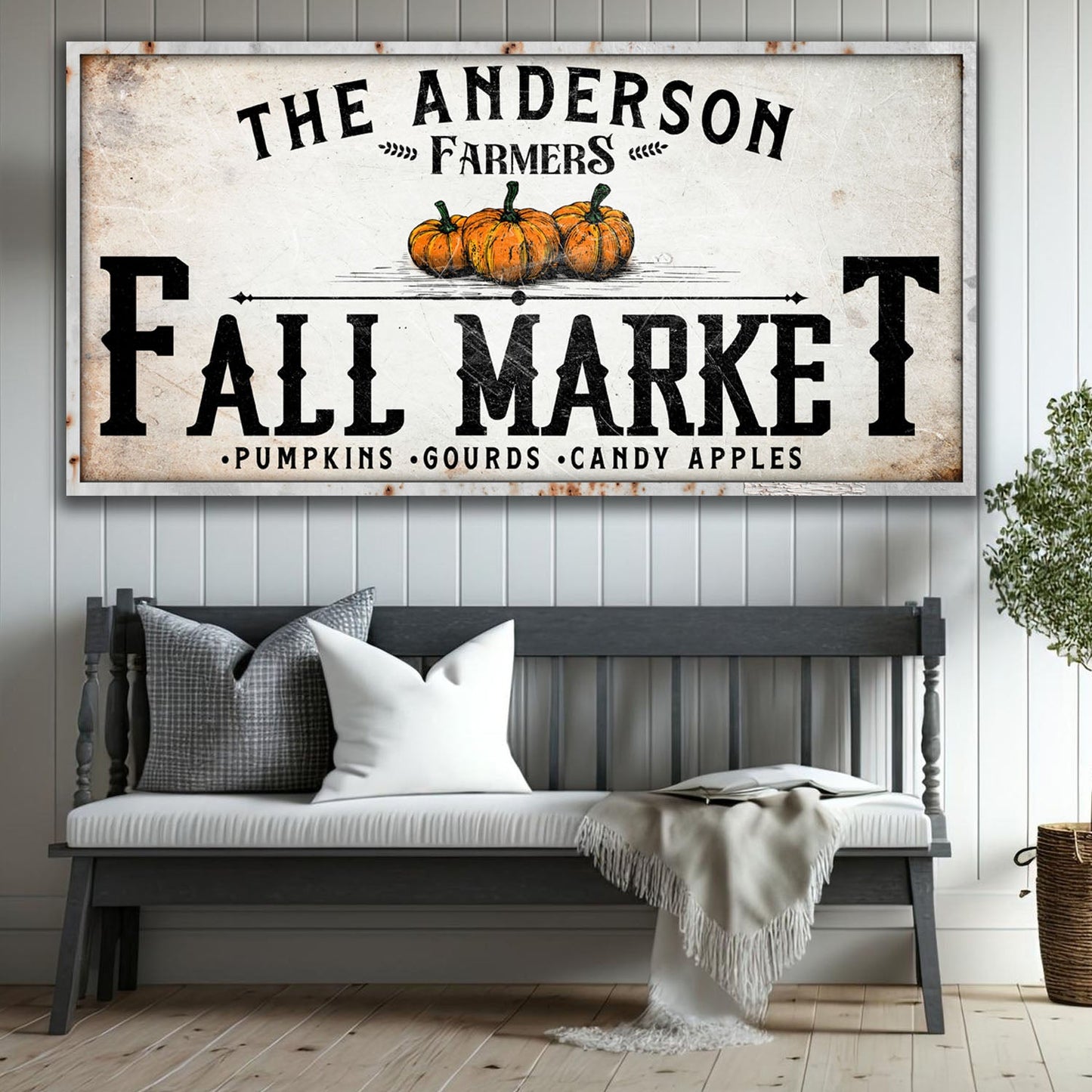 Farmers Fall Market Sign canvas by Tailored Canvases with three pumpkins on rustic backdrop on Tampa Home & Garden Store