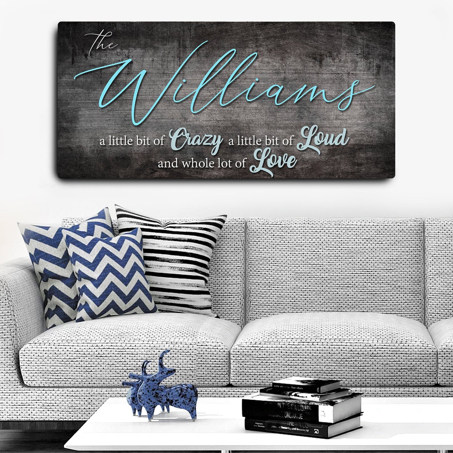 Crazy Lousd Lave Family Name Sign canvas with Williams in turquoise cursive on backdrop on Tampa Home & Garden Store