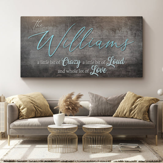 Canvas family name sign reading The Williams with turquoise script on dark wood background on Tampa Home & Garden Store