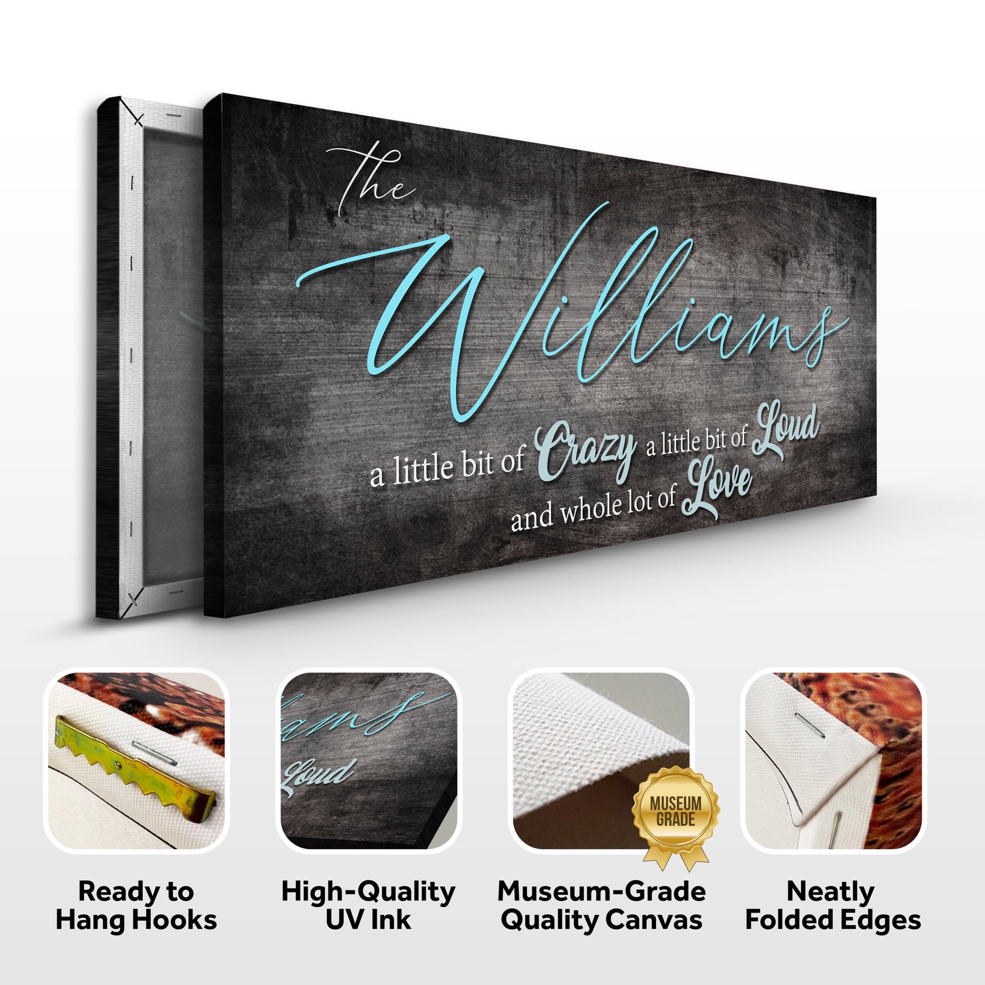Canvas family name sign by Tailored Canvases with dark textured backdrop and turquoise Williams script on Tampa Home & Garden Store