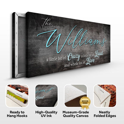 Canvas family name sign by Tailored Canvases with dark textured backdrop and turquoise Williams script on Tampa Home & Garden Store
