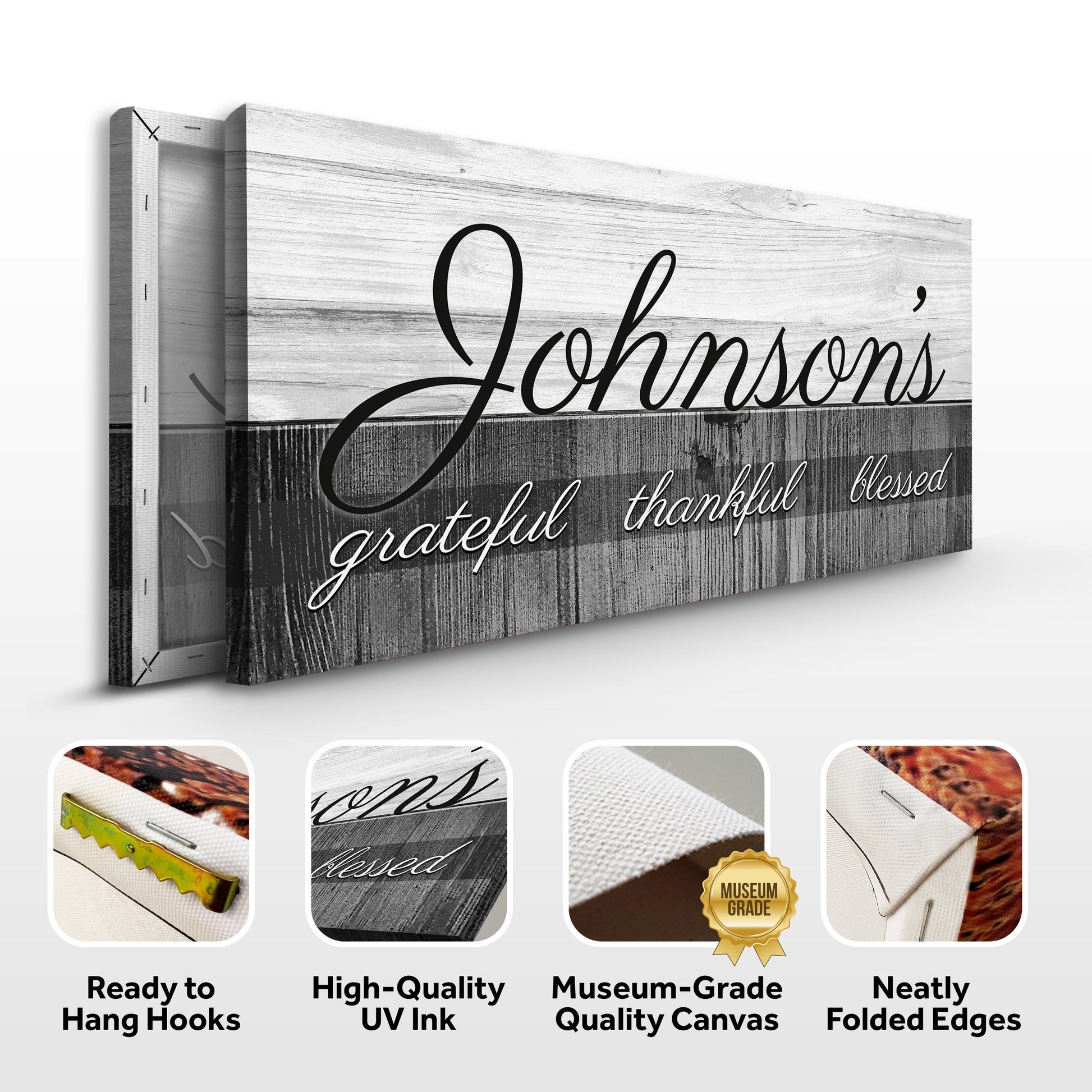 Family Grateful Sign canvas by Tailored Canvases with wood-grain background and black script lettering on Tampa Home & Garden Store