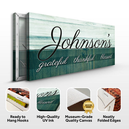 Family Grateful Sign III canvas by Tailored Canvases; turquoise wood with black cursive text on Tampa Home & Garden Store