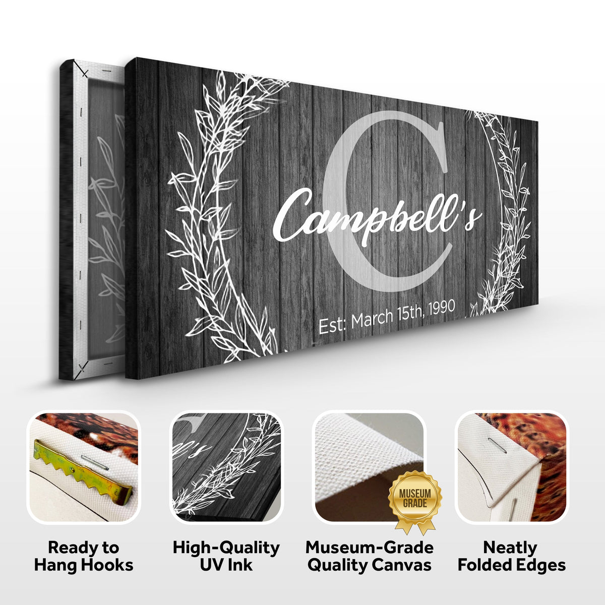 Family Name Sign canvas with monogram on dark wood with white botanical vines Tailored Canvases on Tampa Home & Garden Store