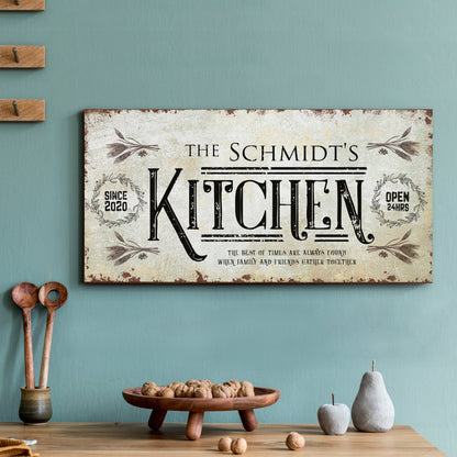 Kitchen Sign II canvas by Tailored Canvases, vintage beige sign with black typography on Tampa Home & Garden Store
